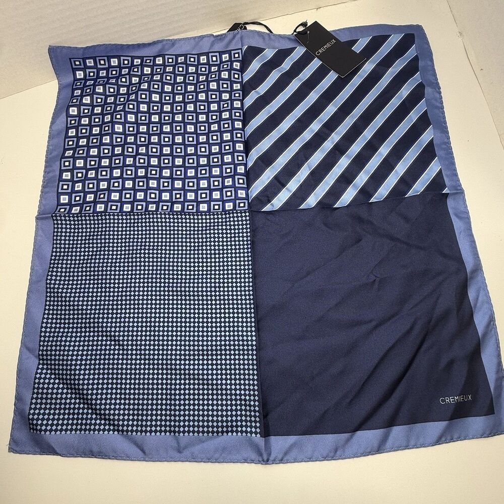 Cremieux Blue Black White 4 Way 100% Silk Pocket Square New